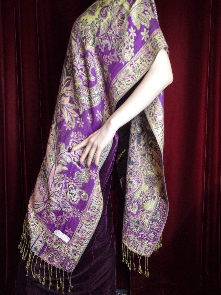 PASHMINASILK Purple Gold Paisley Stole Cape