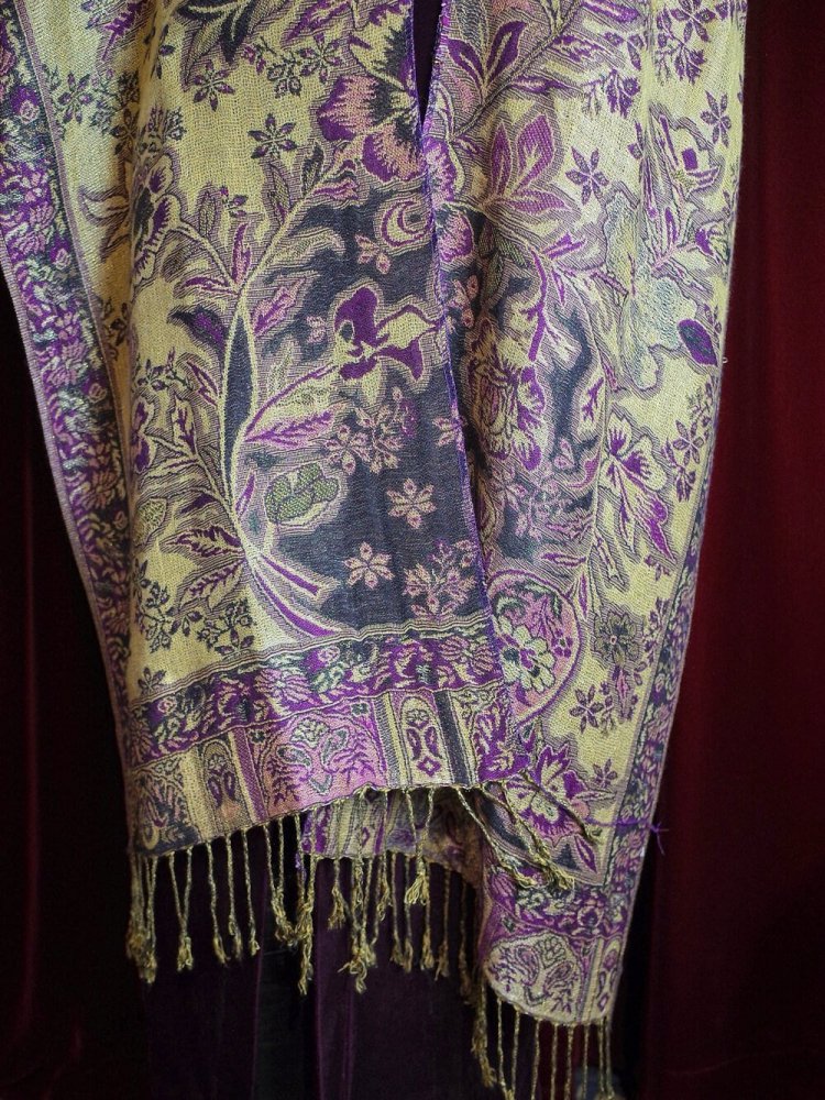 PASHMINASILK Purple Gold Paisley Stole Cape