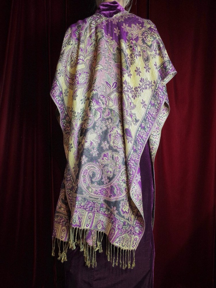 PASHMINASILK Purple Gold Paisley Stole Cape