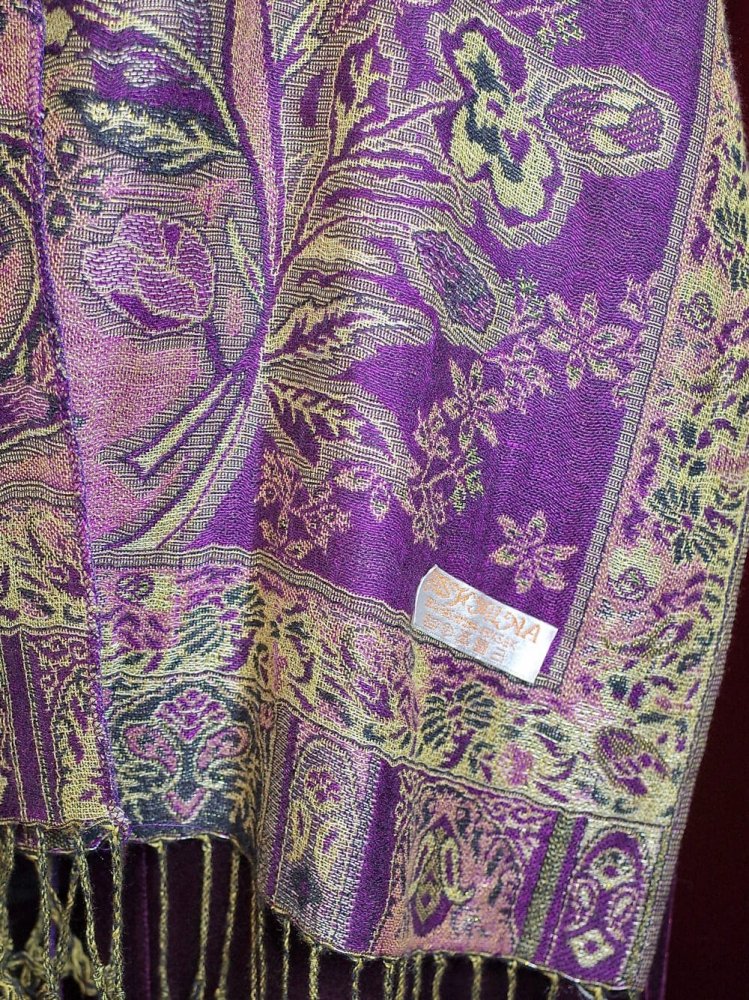 PASHMINASILK Purple Gold Paisley Stole Cape