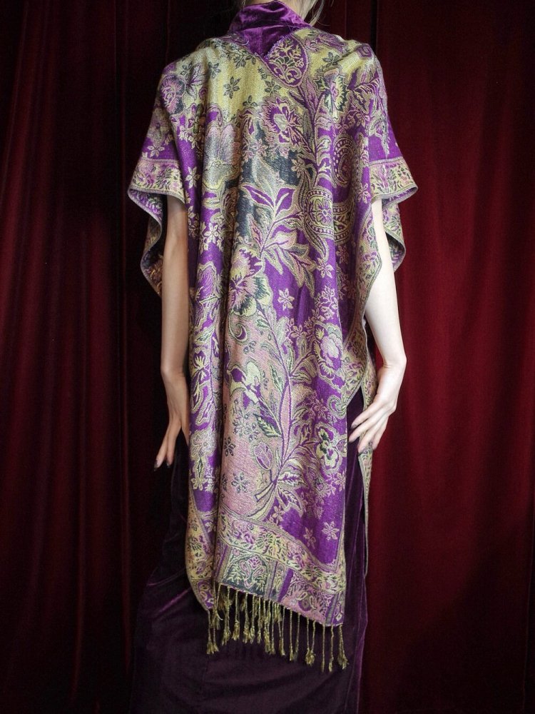 PASHMINASILK Purple Gold Paisley Stole Cape