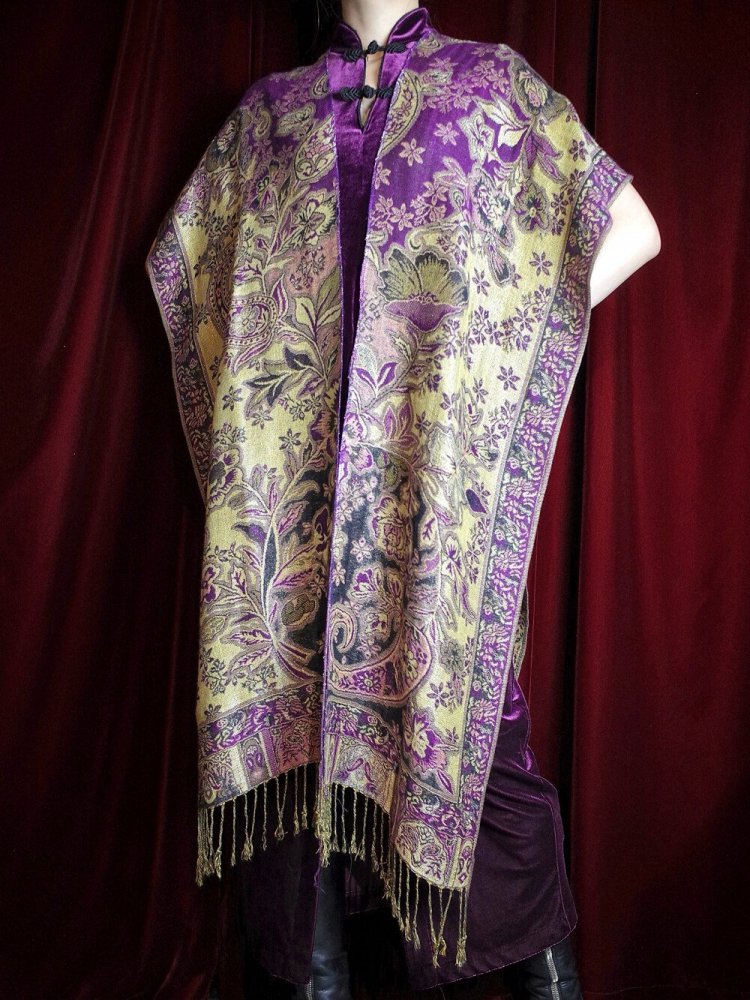 PASHMINASILK Purple Gold Paisley Stole Cape