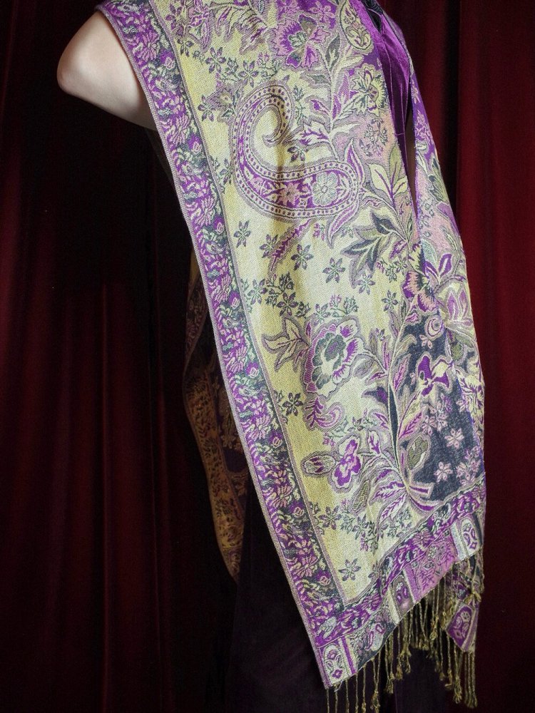 PASHMINASILK Purple Gold Paisley Stole Cape