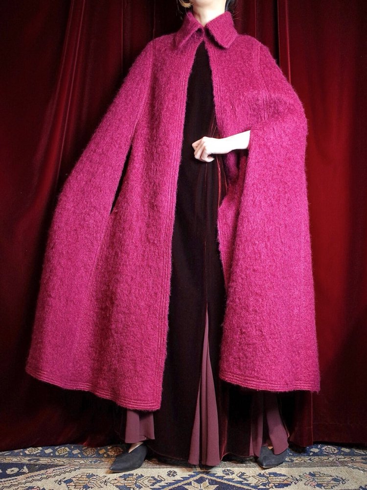 Bordeaux Furry Wool Long Cape Coat