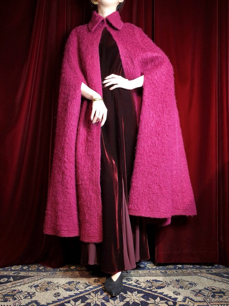 Bordeaux Furry Wool Long Cape Coat