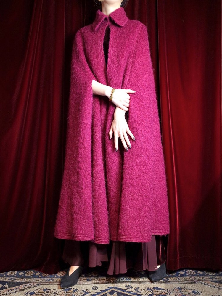 Bordeaux Furry Wool Long Cape Coat