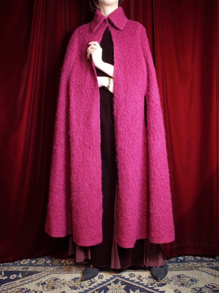 Bordeaux Furry Wool Long Cape Coat