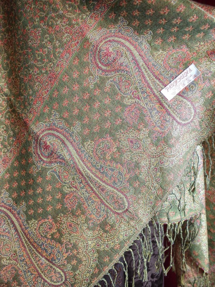 PASHMINAVintage Moss Green Paisley  Lame Ƚ Stole