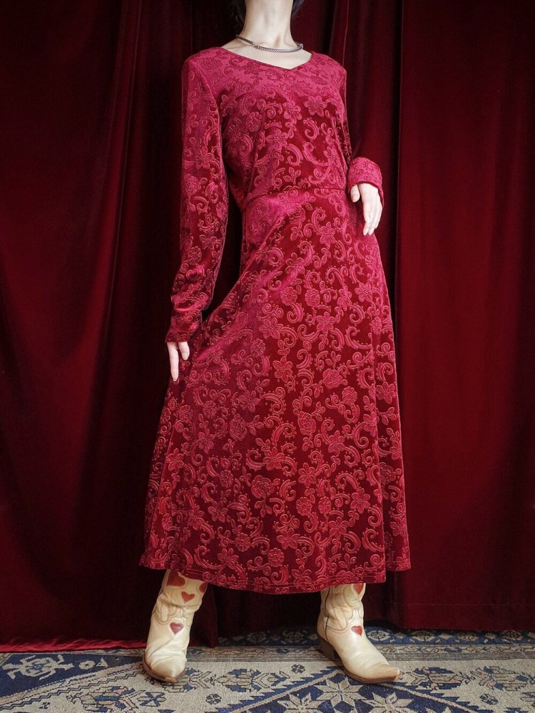 Flower Emboss Crimson Velvet Dress