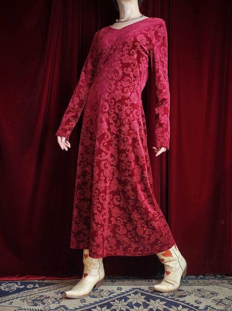 Flower Emboss Crimson Velvet Dress