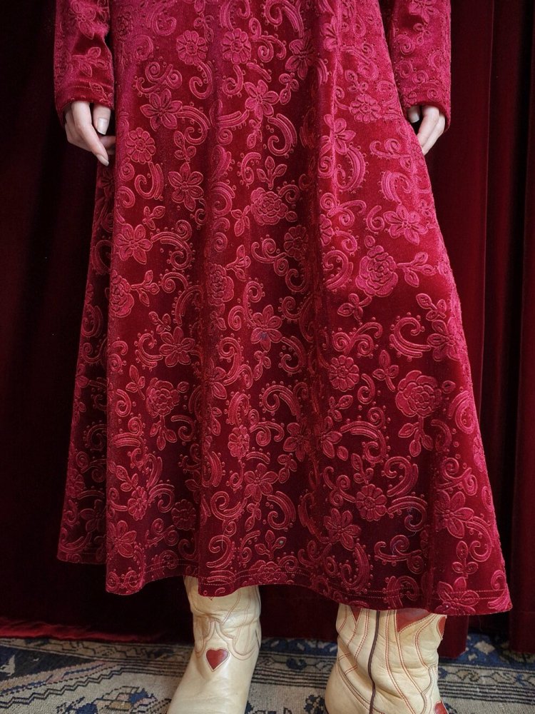 Flower Emboss Crimson Velvet Dress