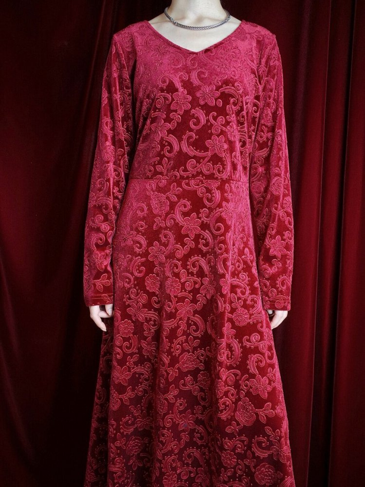 Flower Emboss Crimson Velvet Dress