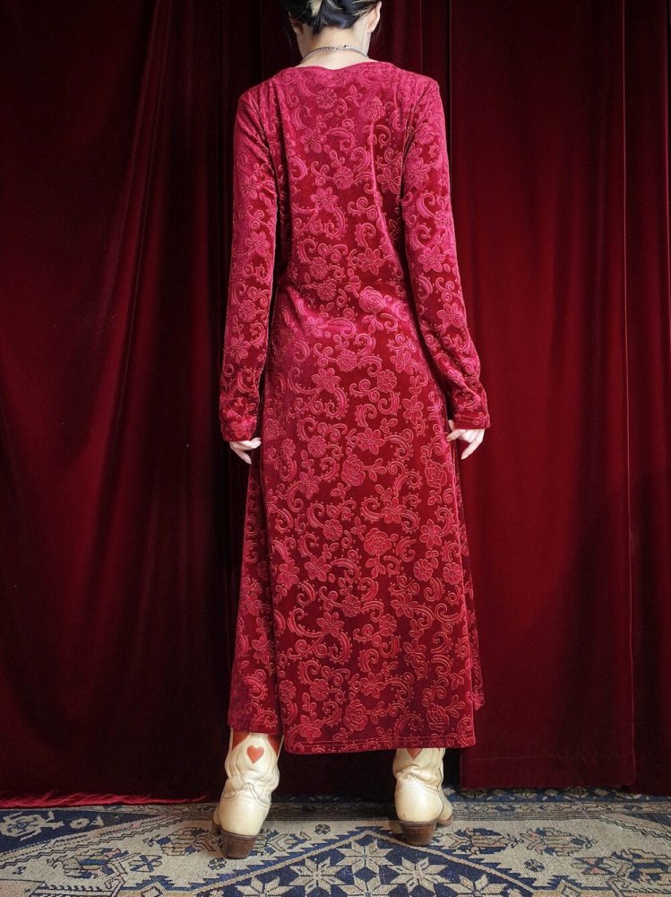 Flower Emboss Crimson Velvet Dress