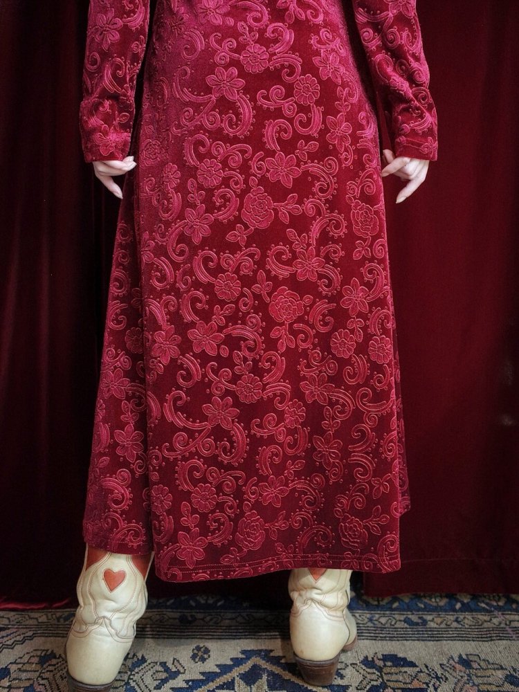 Flower Emboss Crimson Velvet Dress