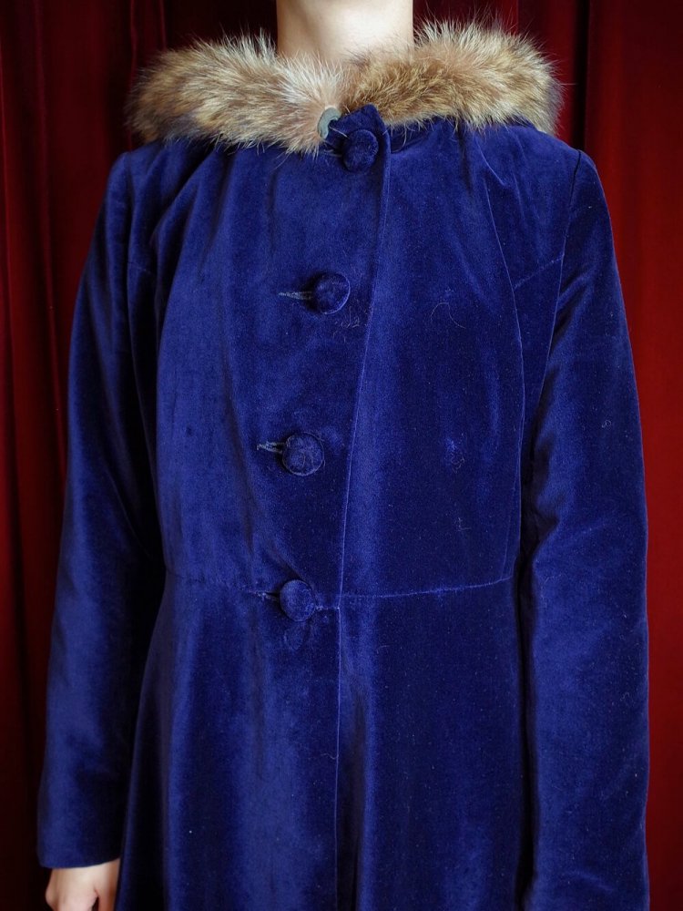 c.1940~50s "I.MAGNIN" Royal Navy Velvet Hoodie Coat