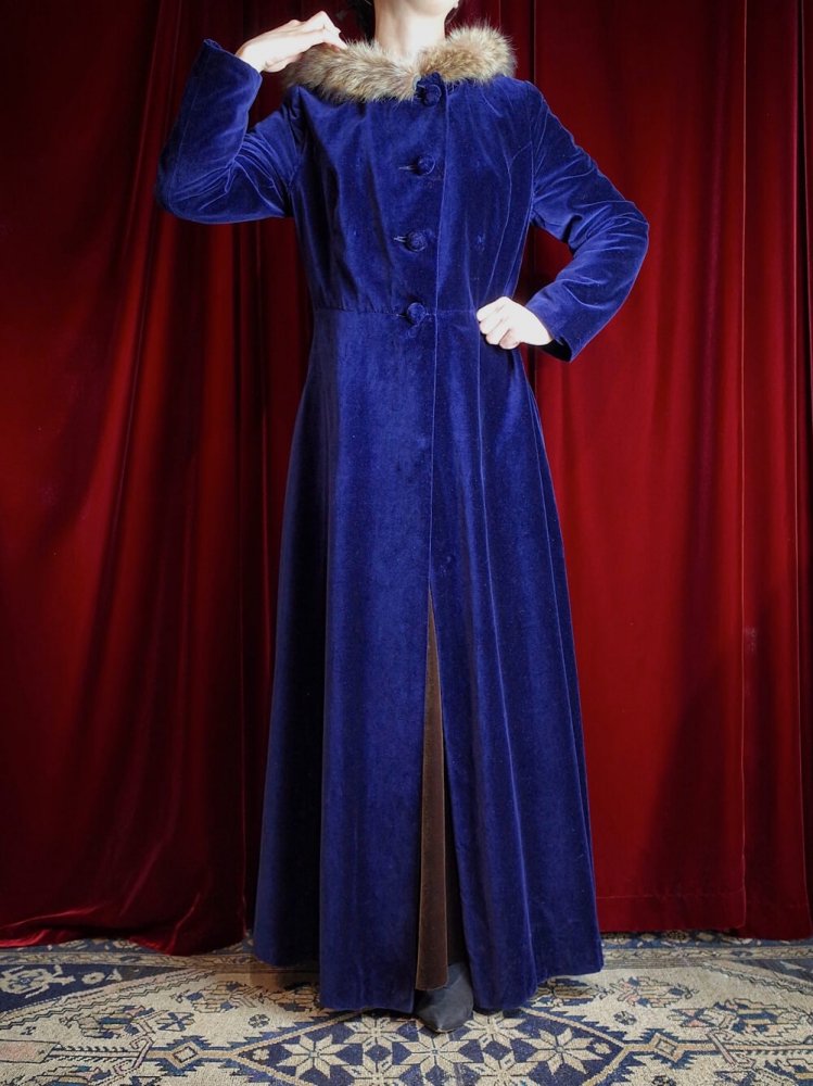 c.1940~50s "I.MAGNIN" Royal Navy Velvet Hoodie Coat