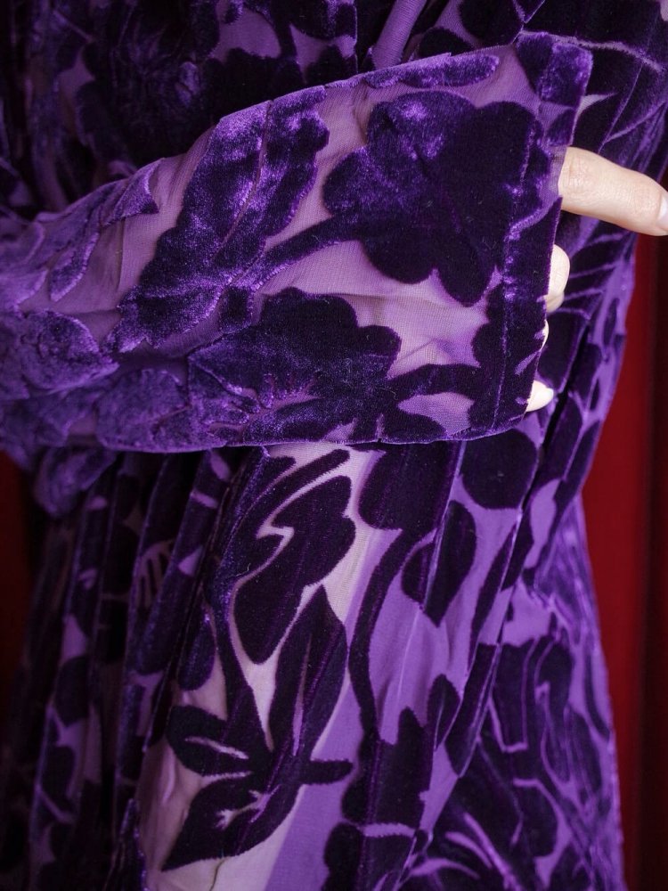 Deep Purple Rayon  Silk Velvet Sheer Sleeve Cut & Sewn