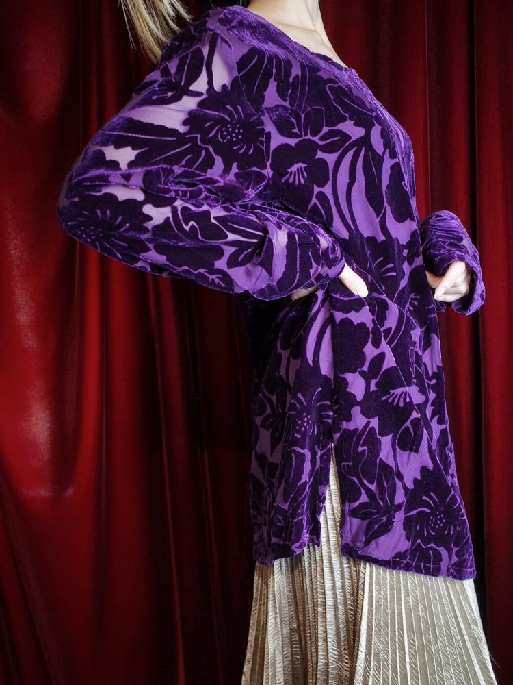 Deep Purple Rayon  Silk Velvet Sheer Sleeve Cut & Sewn