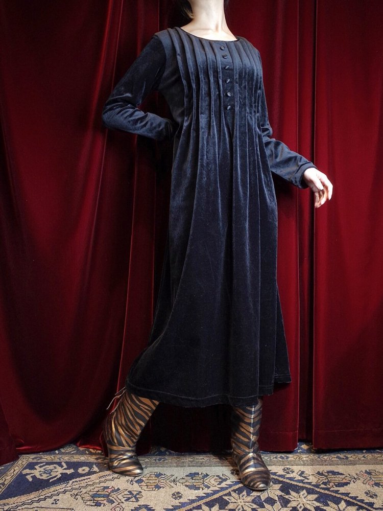 Black Velvet Pin Tuck Dress