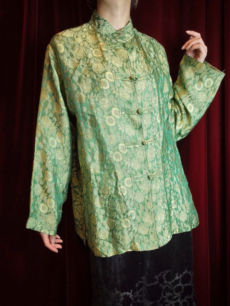 Oriental Flower Jacquard Green Silk China Shirt