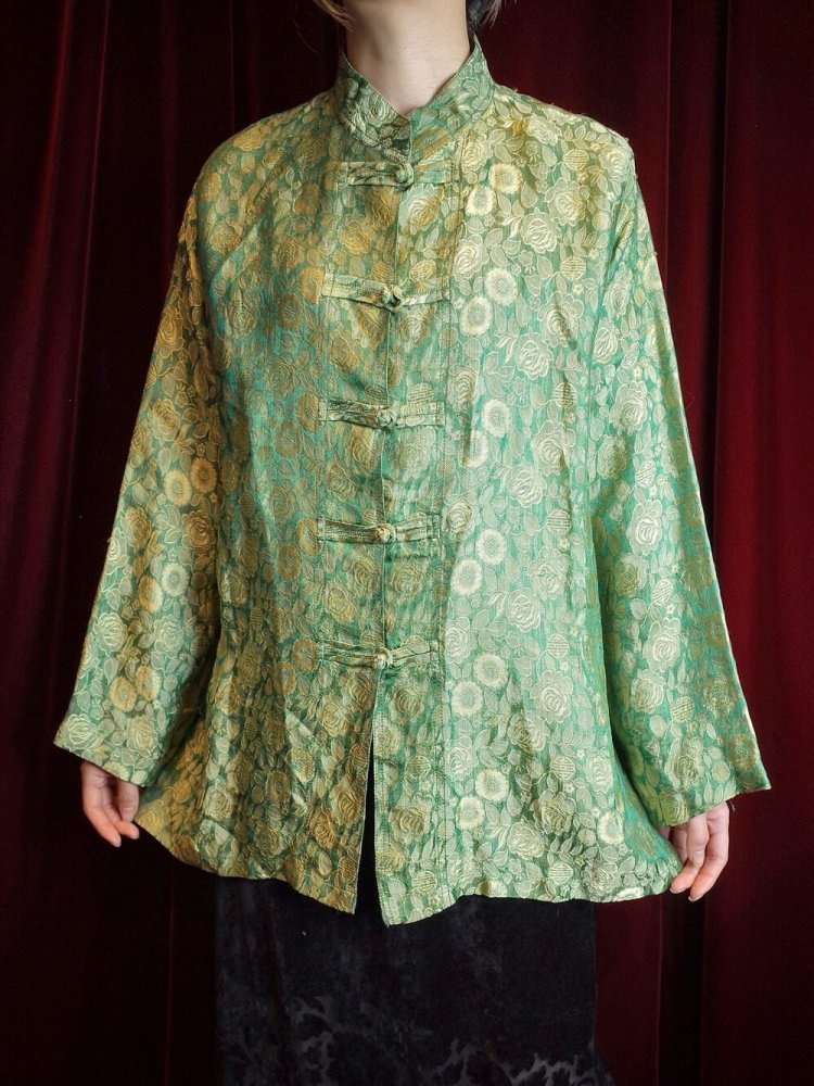 Oriental Flower Jacquard Green Silk China Shirt