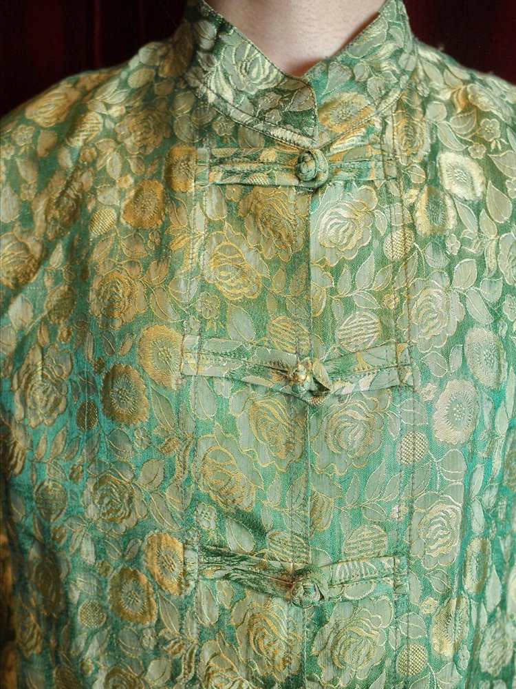 Oriental Flower Jacquard Green Silk China Shirt