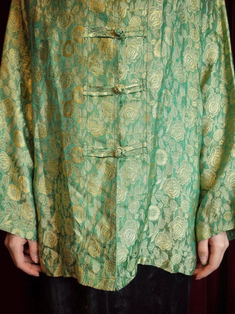 Oriental Flower Jacquard Green Silk China Shirt