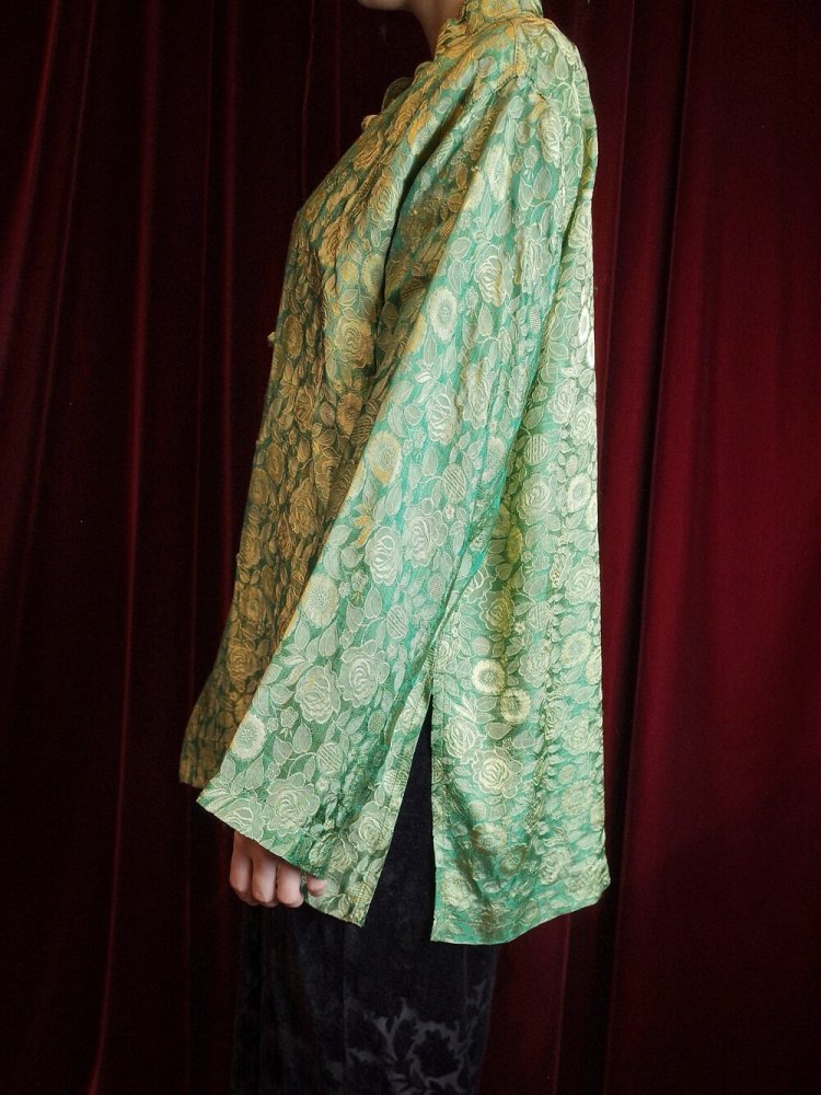 Oriental Flower Jacquard Green Silk China Shirt