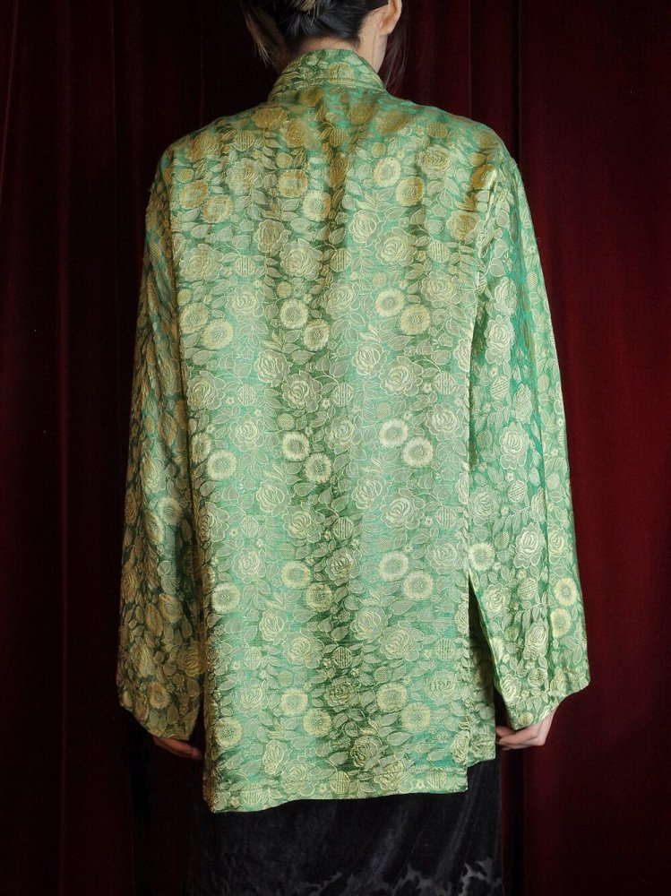 Oriental Flower Jacquard Green Silk China Shirt