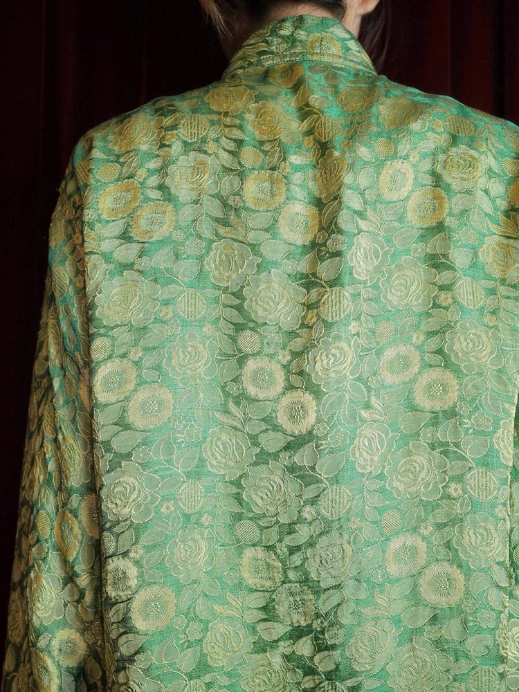 Oriental Flower Jacquard Green Silk China Shirt