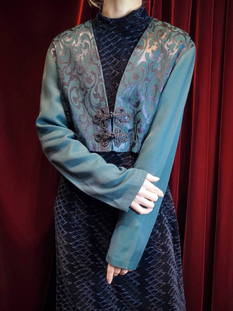 Remake China ButtonsDeep Green Arabesque Short Jacket