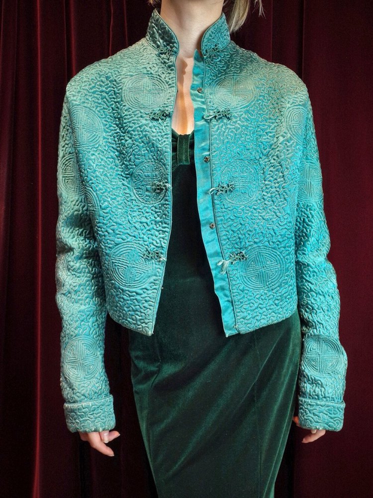 c.1950s Green Silk China Embroidery Short Quilting Jacket