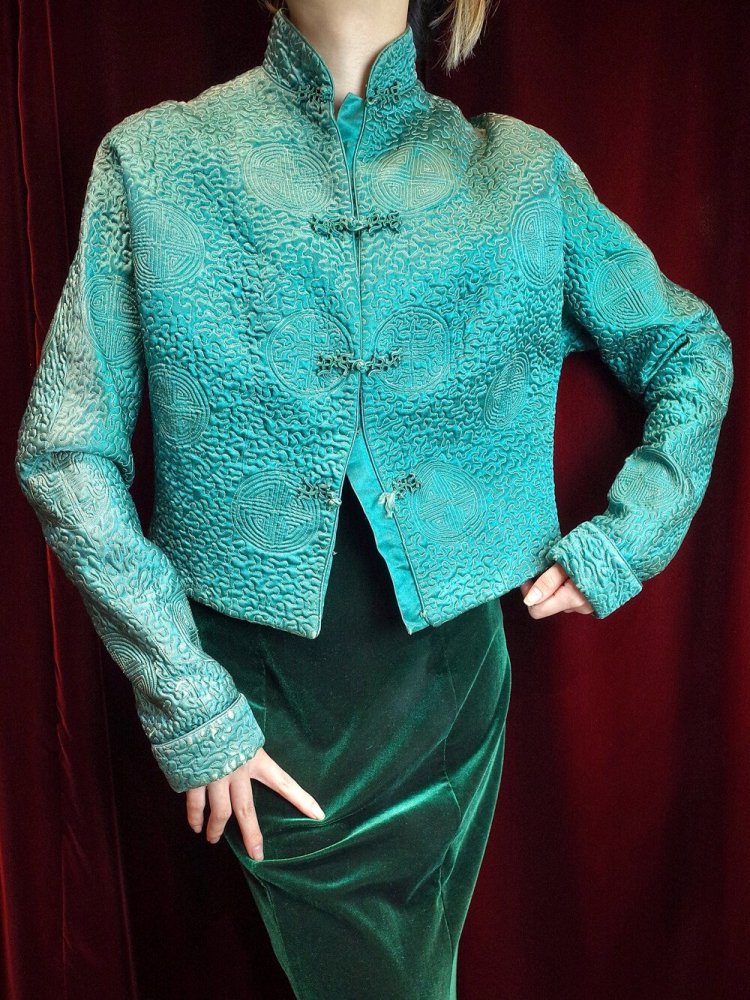 c.1950s Green Silk China Embroidery Short Quilting Jacket