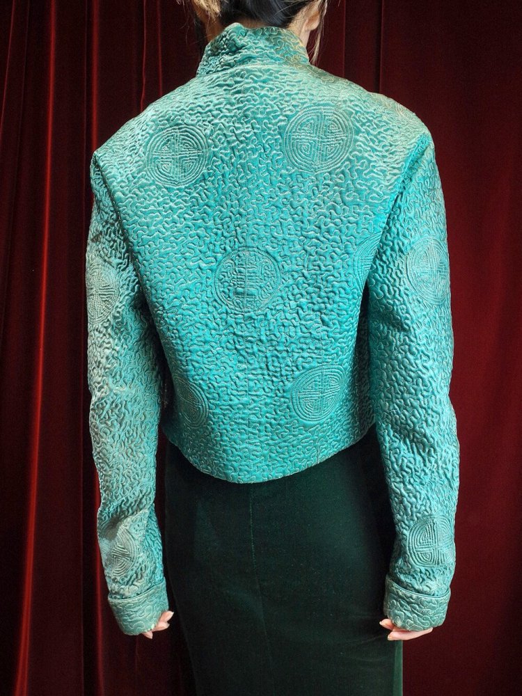 c.1950s Green Silk China Embroidery Short Quilting Jacket