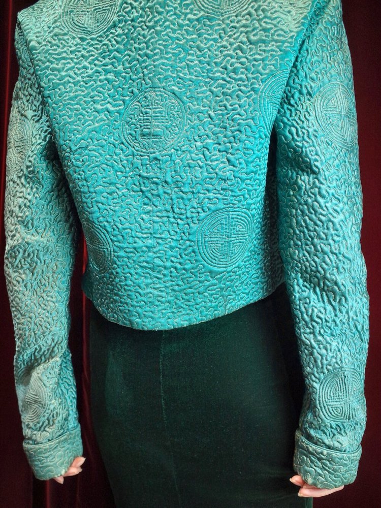 c.1950s Green Silk China Embroidery Short Quilting Jacket