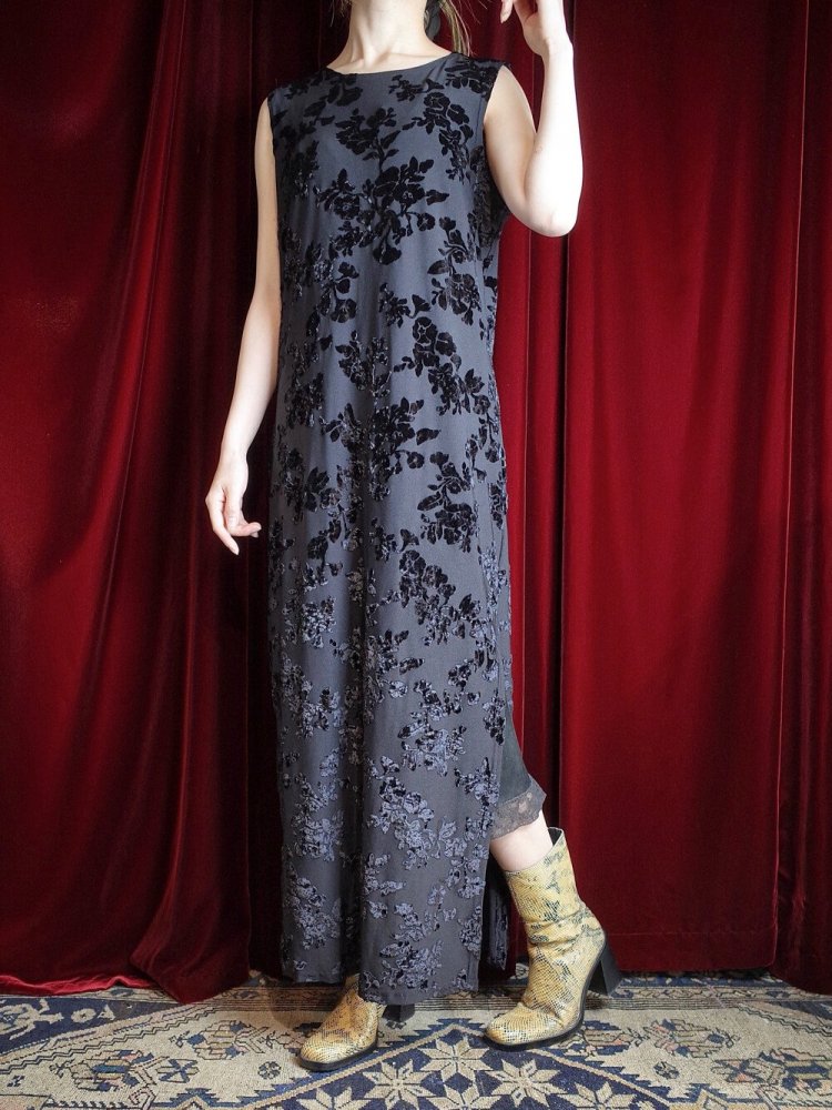 Black Flower Velvet  Sheer Dress