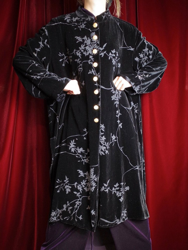 Oriental Black Velvet  Sheer Gold Buttons China Gown 