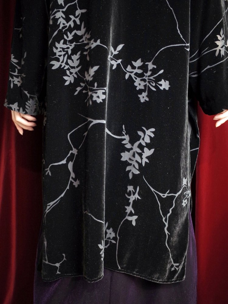 Oriental Black Velvet  Sheer Gold Buttons China Gown 