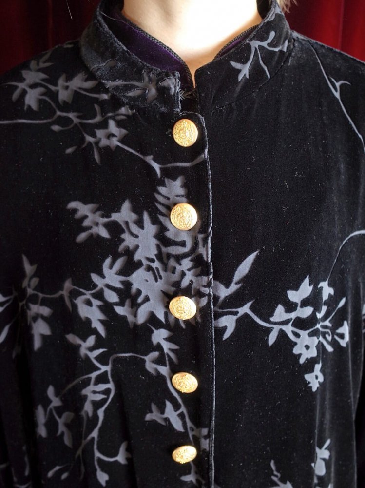 Oriental Black Velvet  Sheer Gold Buttons China Gown 