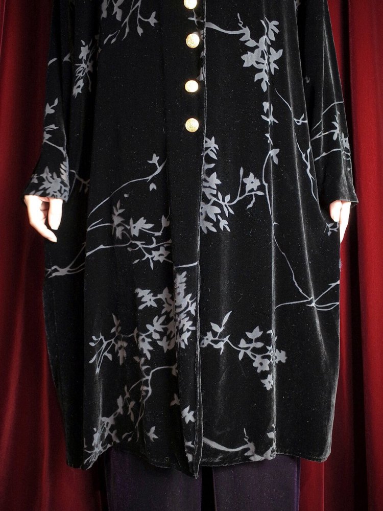 Oriental Black Velvet  Sheer Gold Buttons China Gown 