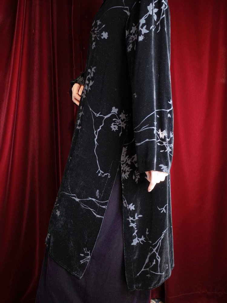 Oriental Black Velvet  Sheer Gold Buttons China Gown 