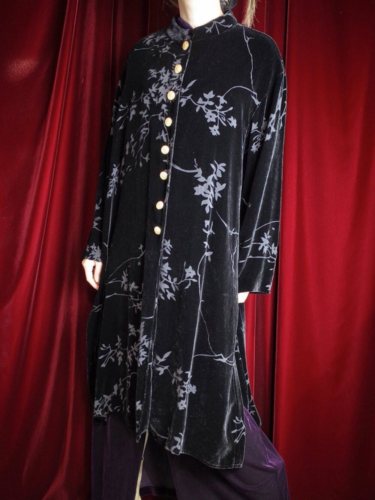 Oriental Black Velvet  Sheer Gold Buttons China Gown 