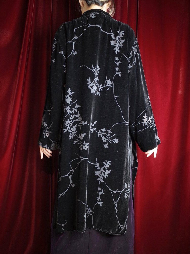 Oriental Black Velvet  Sheer Gold Buttons China Gown 