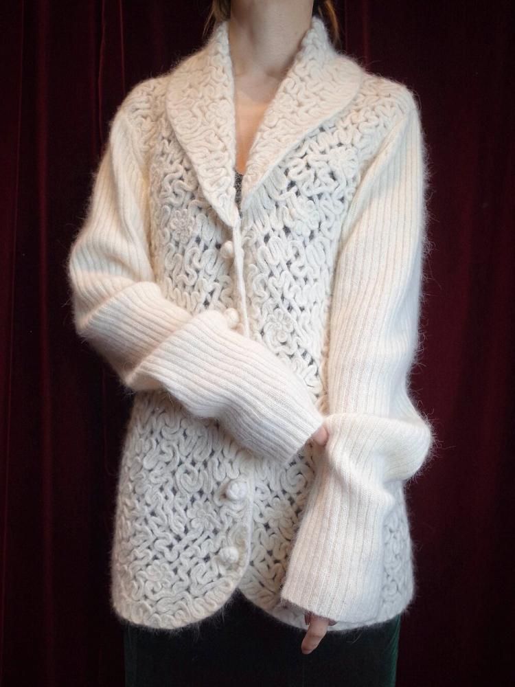 Code Embroidery White Angora Knit Jacket