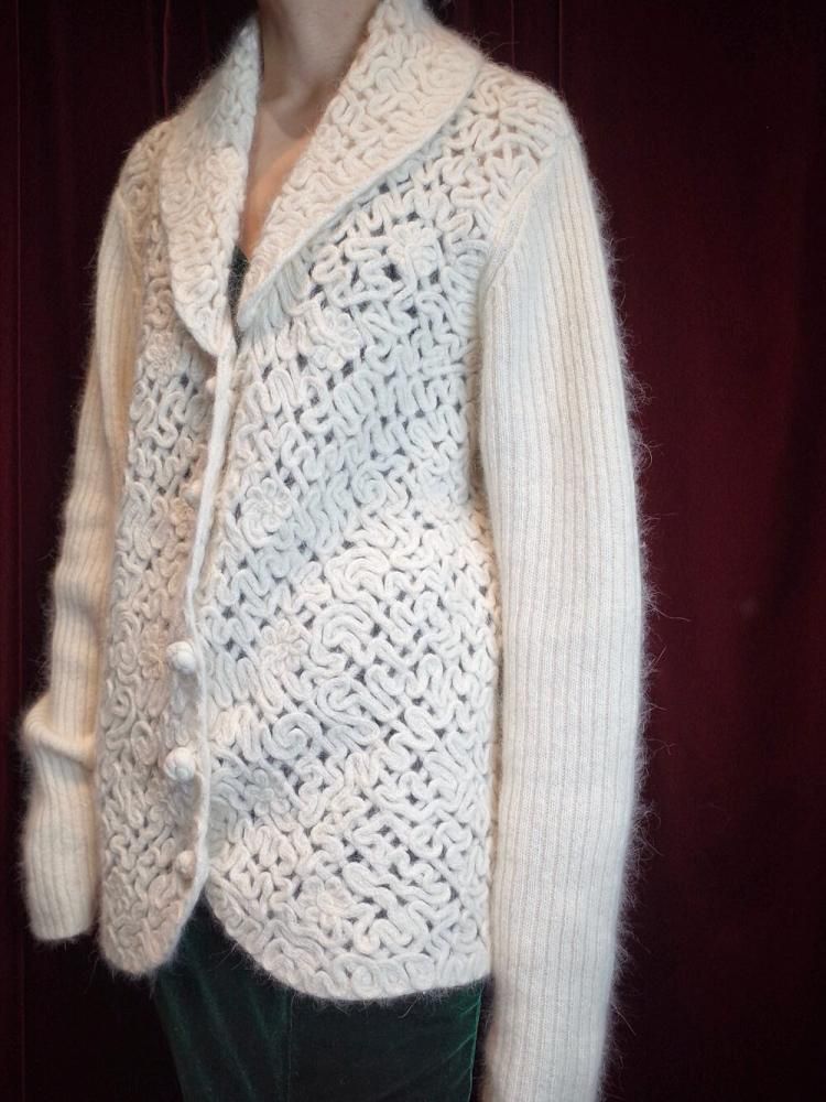 Code Embroidery White Angora Knit Jacket