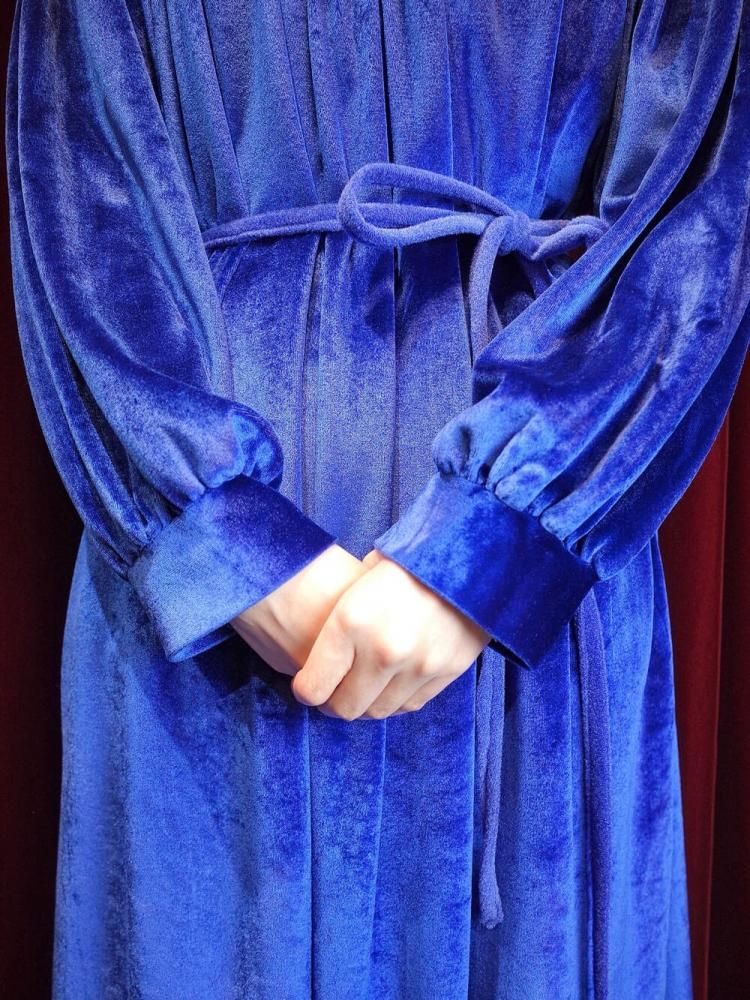 c.1970s Embroidery Blue Velvet Zip Dress