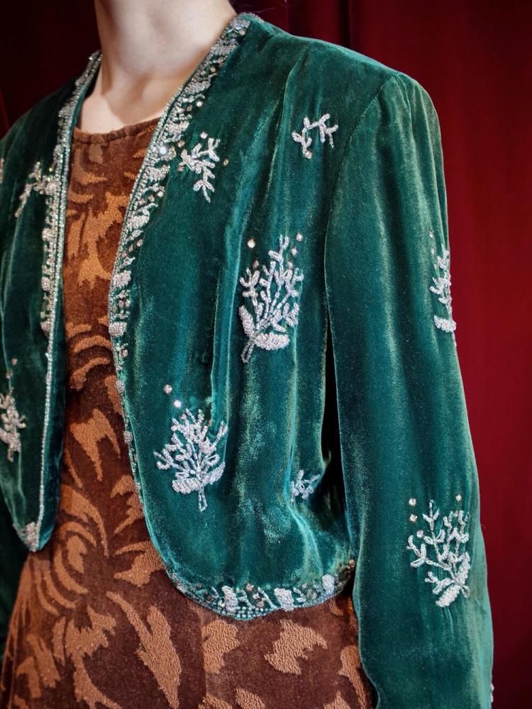 c.1940~50sJ.W. ROBINSON CO.Deep Green Velvet Bijou Embroidery Short Jacket