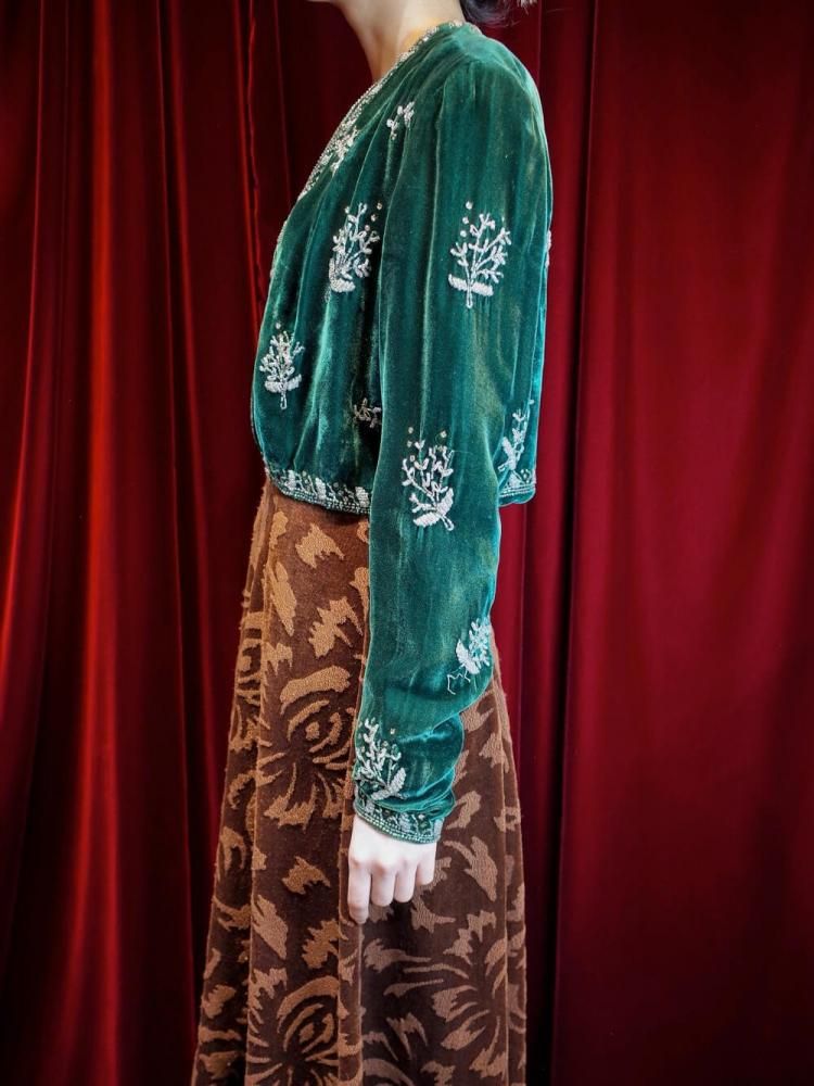 c.1940~50sJ.W. ROBINSON CO.Deep Green Velvet Bijou Embroidery Short Jacket