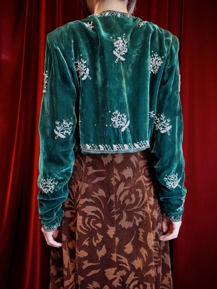 c.1940~50sJ.W. ROBINSON CO.Deep Green Velvet Bijou Embroidery Short Jacket