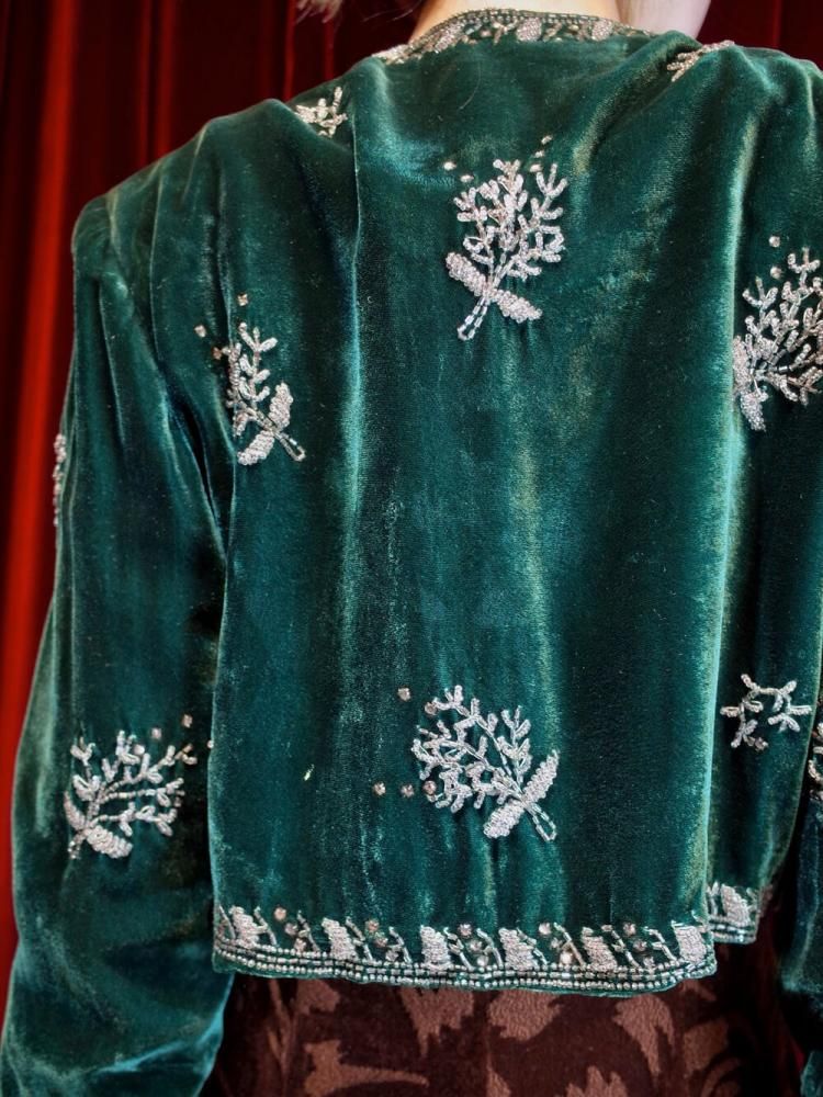 c.1940~50sJ.W. ROBINSON CO.Deep Green Velvet Bijou Embroidery Short Jacket